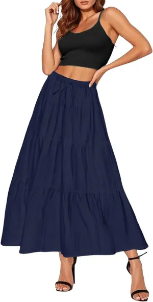Maxi Skirt for Women Summer Elegant Trendy Drawstring High Waist Flowy Boho Pleated Tiered A Line Beach Long Skirts