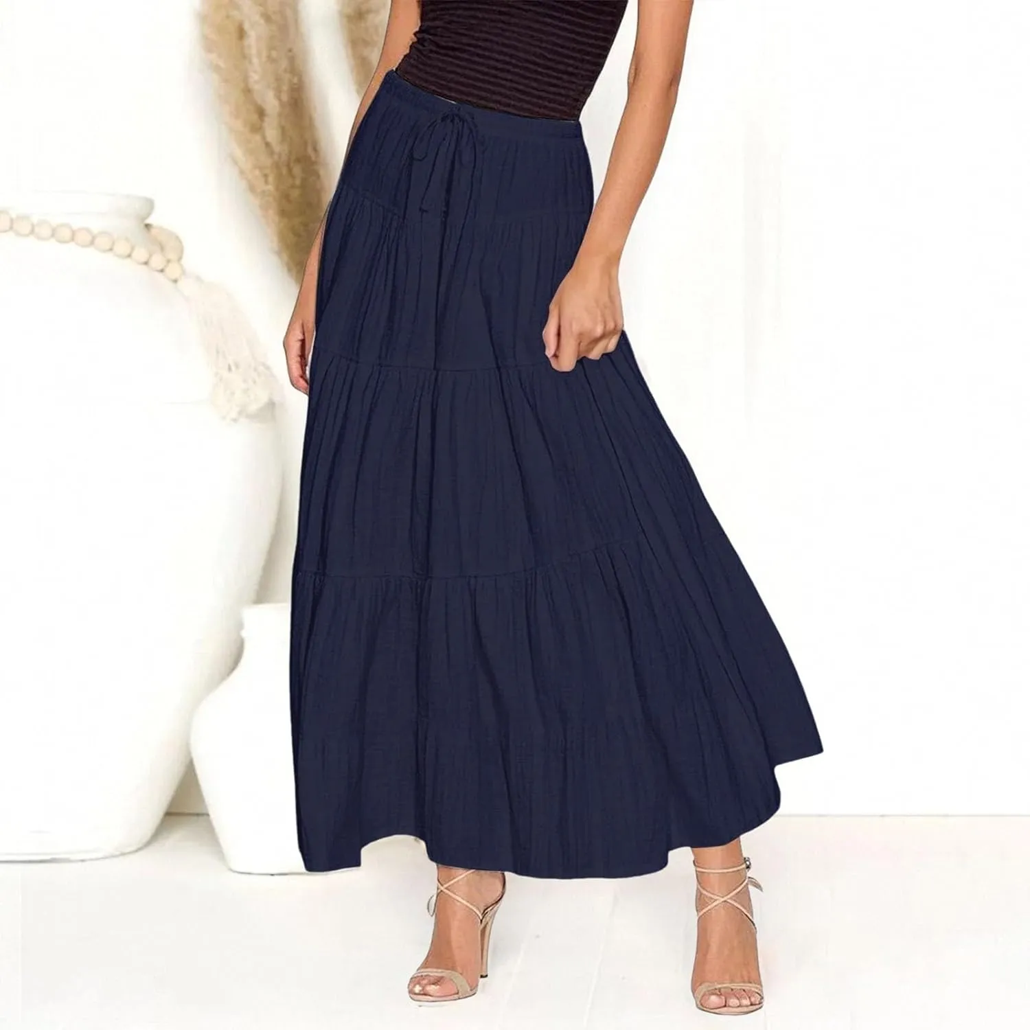 Maxi Skirt for Women Summer Elegant Trendy Drawstring High Waist Flowy Boho Pleated Tiered A Line Beach Long Skirts