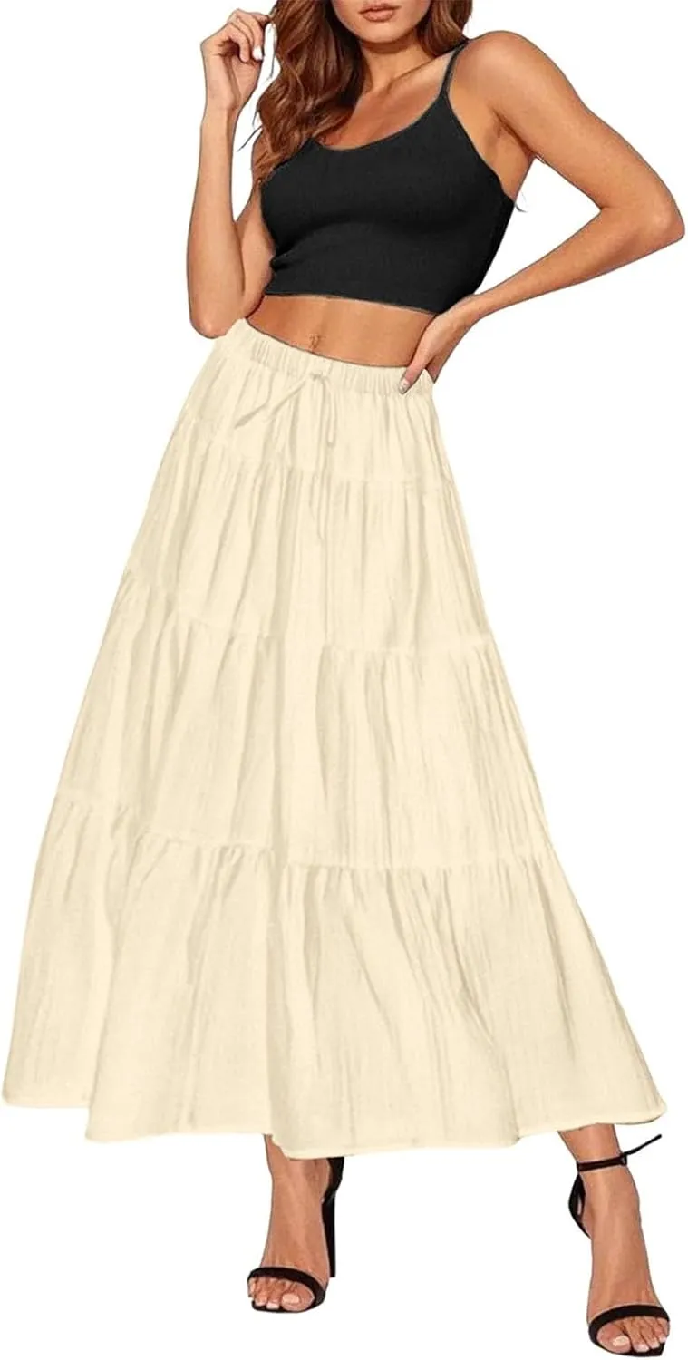 Maxi Skirt for Women Summer Elegant Trendy Drawstring High Waist Flowy Boho Pleated Tiered A Line Beach Long Skirts