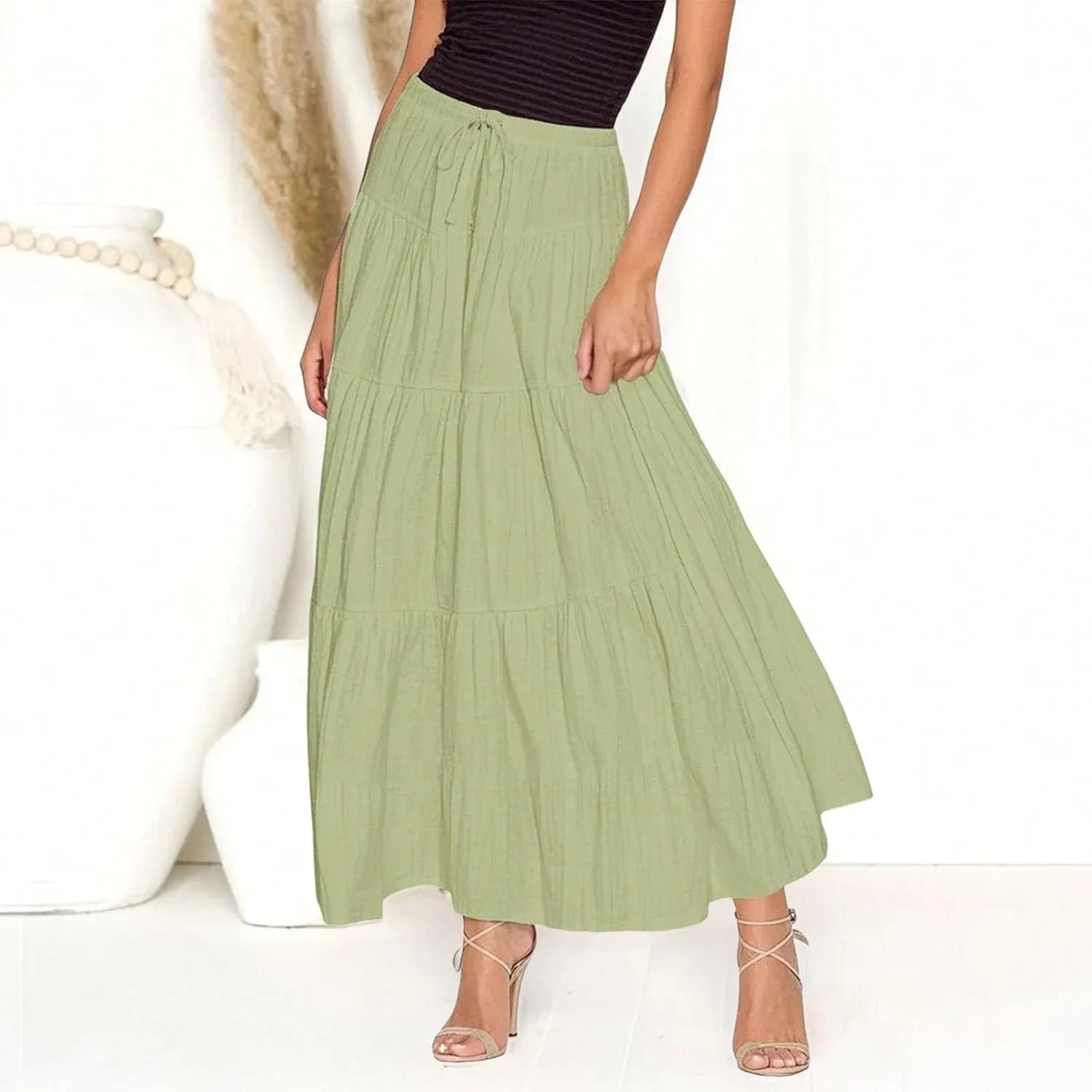 Maxi Skirt for Women Summer Elegant Trendy Drawstring High Waist Flowy Boho Pleated Tiered A Line Beach Long Skirts
