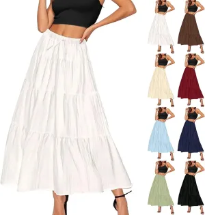 Maxi Skirt for Women Summer Elegant Trendy Drawstring High Waist Flowy Boho Pleated Tiered A Line Beach Long Skirts