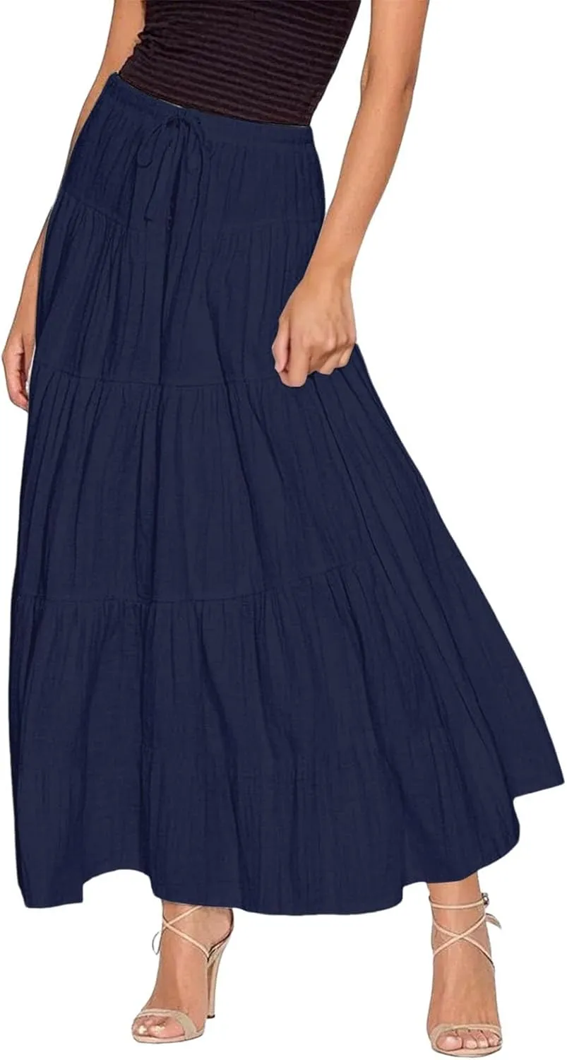 Maxi Skirt for Women Summer Elegant Trendy Drawstring High Waist Flowy Boho Pleated Tiered A Line Beach Long Skirts