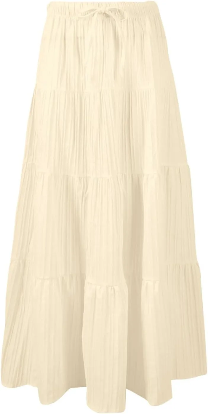 Maxi Skirt for Women Summer Elegant Trendy Drawstring High Waist Flowy Boho Pleated Tiered A Line Beach Long Skirts