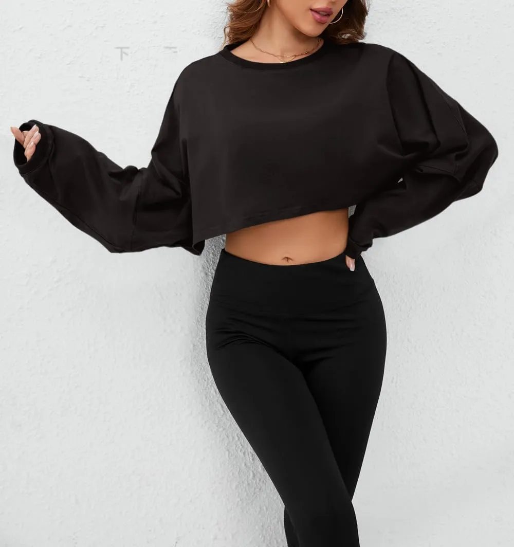 Meladyan Women Long Sleeve Crewneck Crop Top Tee Shirt Sweatshirt Casual Solid Loose Fit Workout Cropped Pullover Tshirt