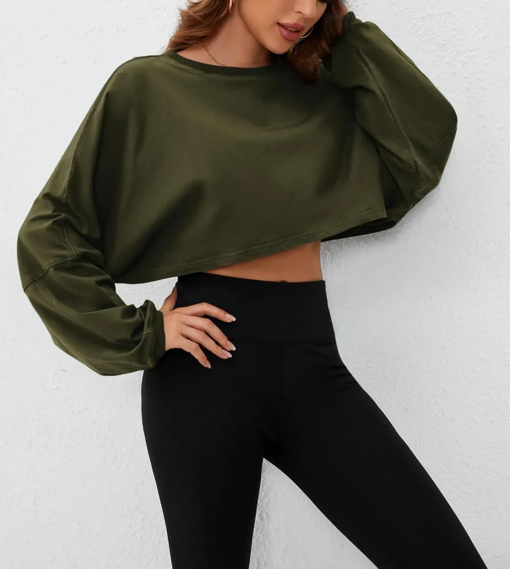 Meladyan Women Long Sleeve Crewneck Crop Top Tee Shirt Sweatshirt Casual Solid Loose Fit Workout Cropped Pullover Tshirt