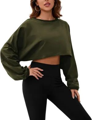 Meladyan Women Long Sleeve Crewneck Crop Top Tee Shirt Sweatshirt Casual Solid Loose Fit Workout Cropped Pullover Tshirt