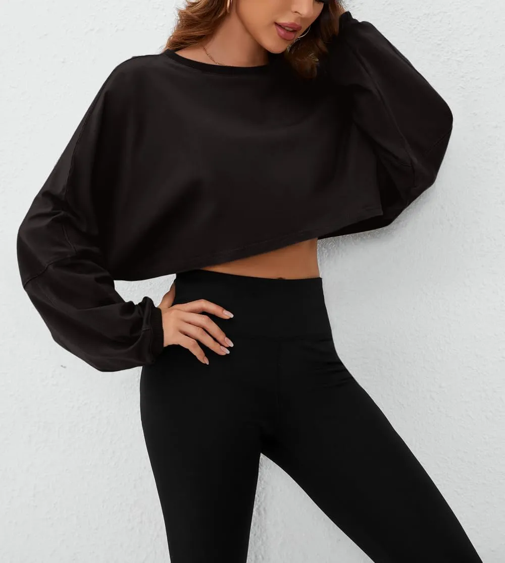 Meladyan Women Long Sleeve Crewneck Crop Top Tee Shirt Sweatshirt Casual Solid Loose Fit Workout Cropped Pullover Tshirt