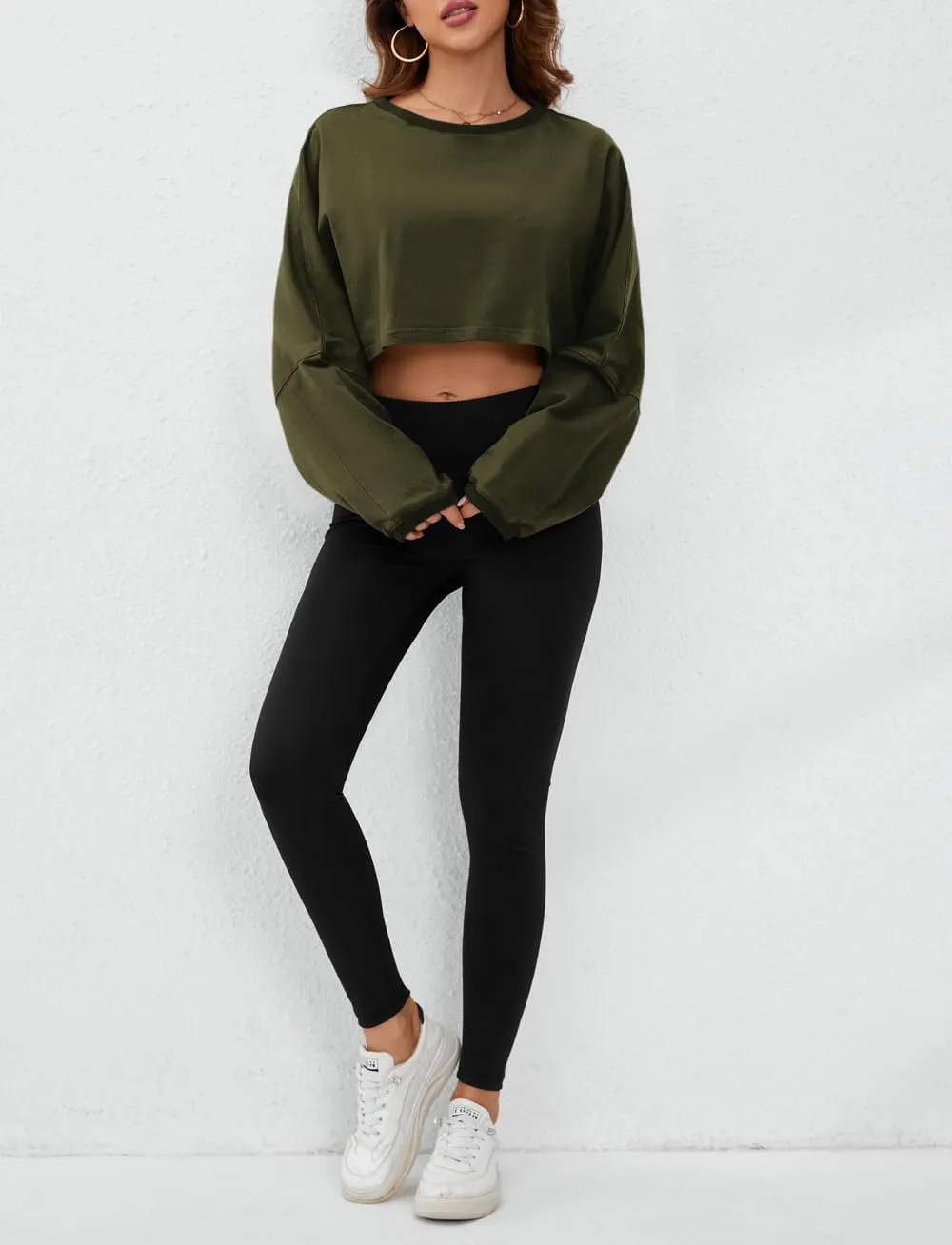 Meladyan Women Long Sleeve Crewneck Crop Top Tee Shirt Sweatshirt Casual Solid Loose Fit Workout Cropped Pullover Tshirt