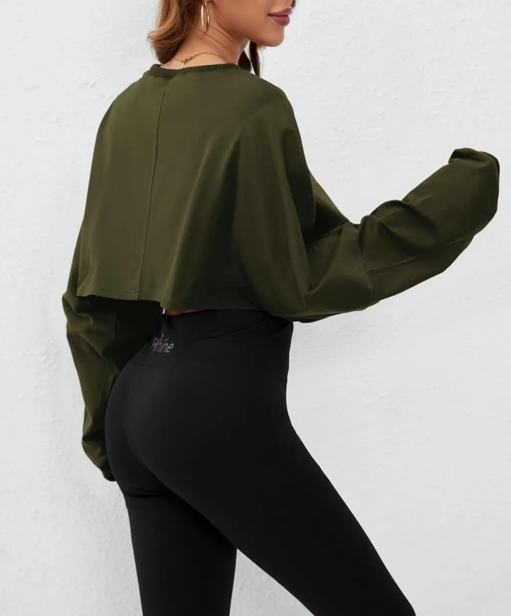 Meladyan Women Long Sleeve Crewneck Crop Top Tee Shirt Sweatshirt Casual Solid Loose Fit Workout Cropped Pullover Tshirt
