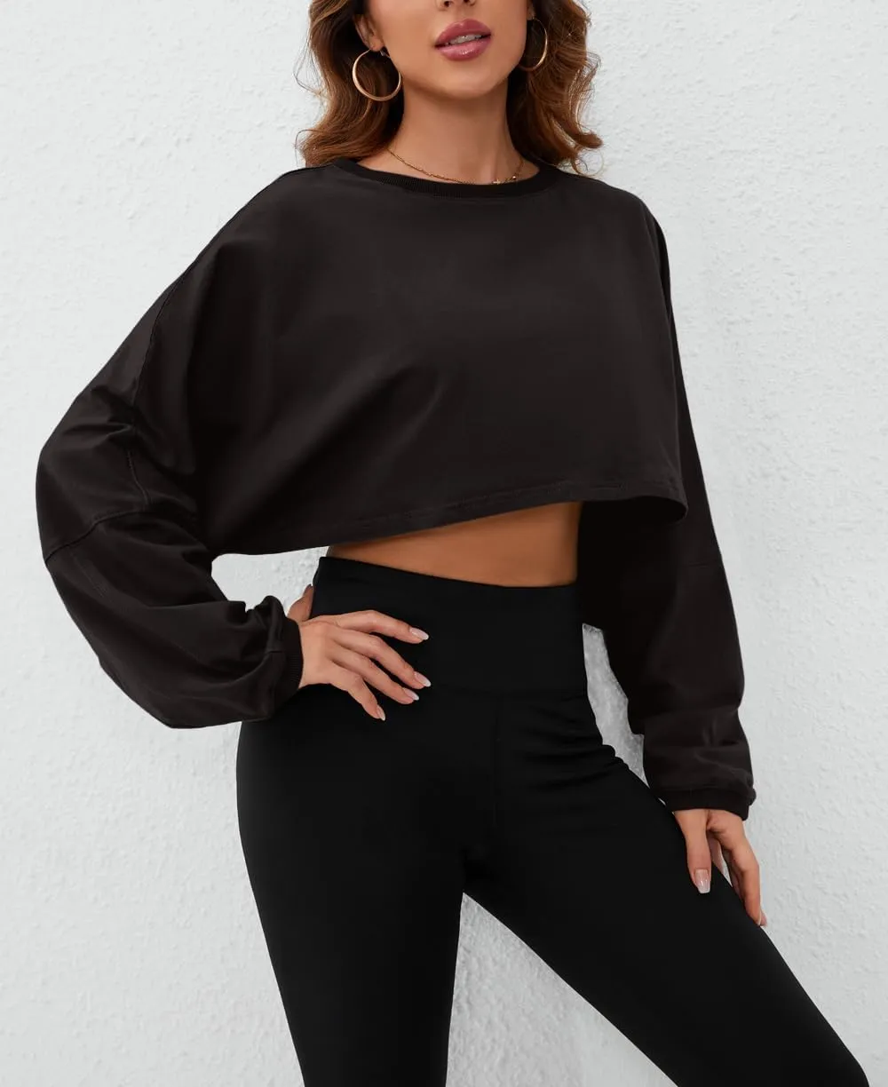 Meladyan Women Long Sleeve Crewneck Crop Top Tee Shirt Sweatshirt Casual Solid Loose Fit Workout Cropped Pullover Tshirt