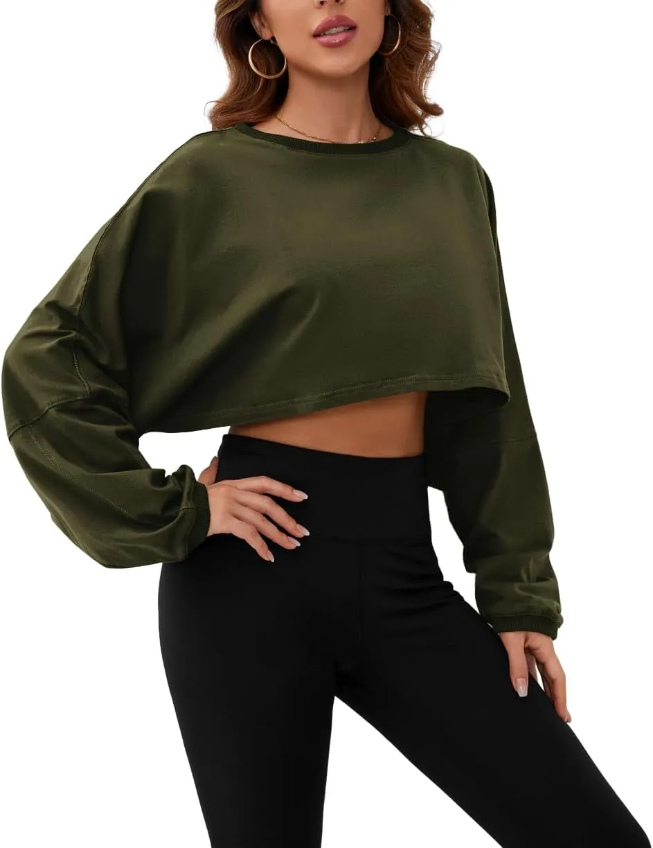 Meladyan Women Long Sleeve Crewneck Crop Top Tee Shirt Sweatshirt Casual Solid Loose Fit Workout Cropped Pullover Tshirt