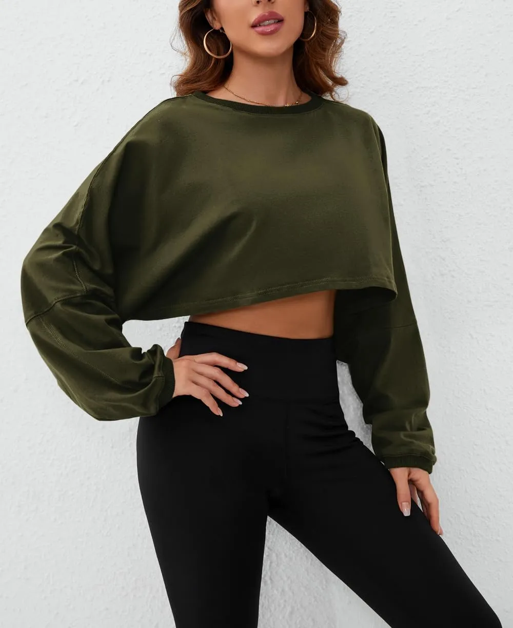 Meladyan Women Long Sleeve Crewneck Crop Top Tee Shirt Sweatshirt Casual Solid Loose Fit Workout Cropped Pullover Tshirt