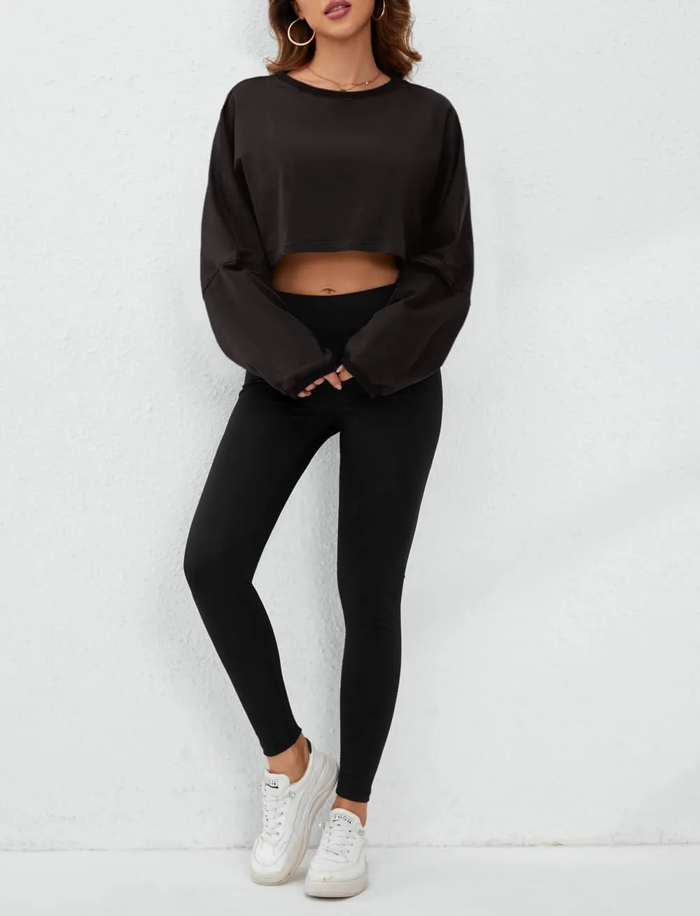 Meladyan Women Long Sleeve Crewneck Crop Top Tee Shirt Sweatshirt Casual Solid Loose Fit Workout Cropped Pullover Tshirt