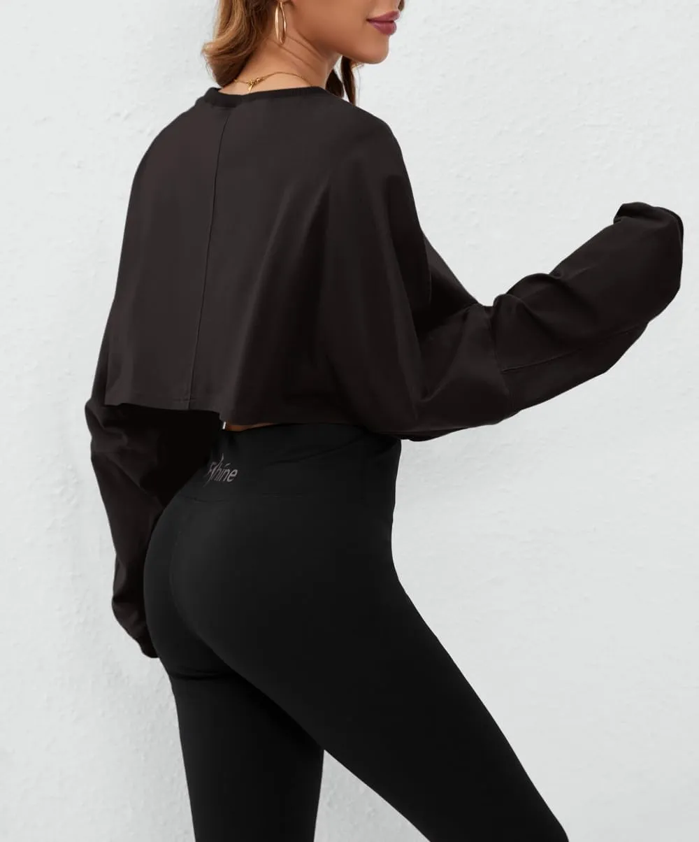 Meladyan Women Long Sleeve Crewneck Crop Top Tee Shirt Sweatshirt Casual Solid Loose Fit Workout Cropped Pullover Tshirt