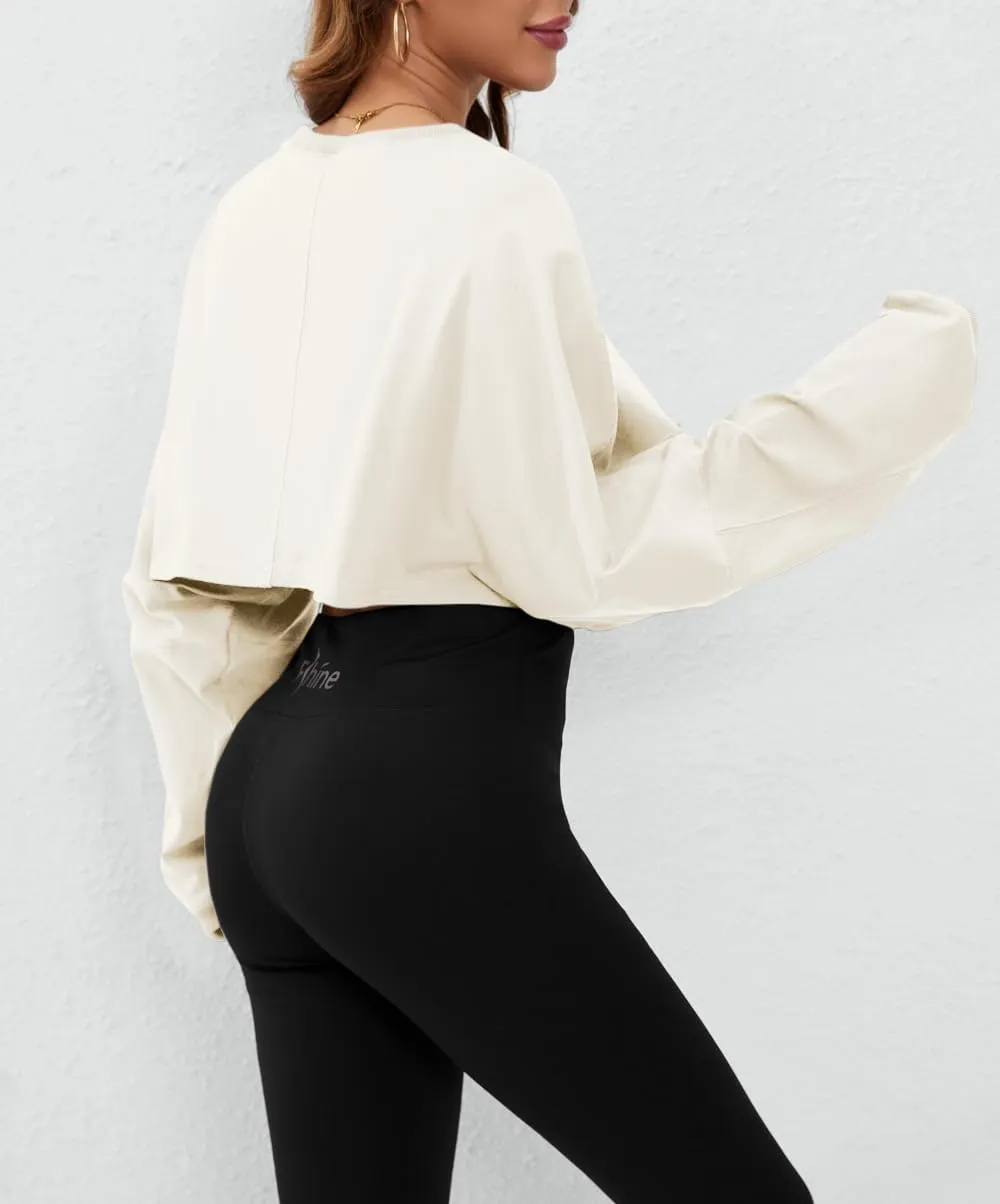 Meladyan Women Long Sleeve Crewneck Crop Top Tee Shirt Sweatshirt Casual Solid Loose Fit Workout Cropped Pullover Tshirt