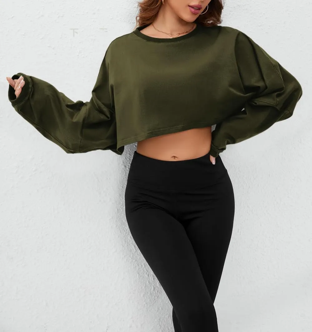 Meladyan Women Long Sleeve Crewneck Crop Top Tee Shirt Sweatshirt Casual Solid Loose Fit Workout Cropped Pullover Tshirt