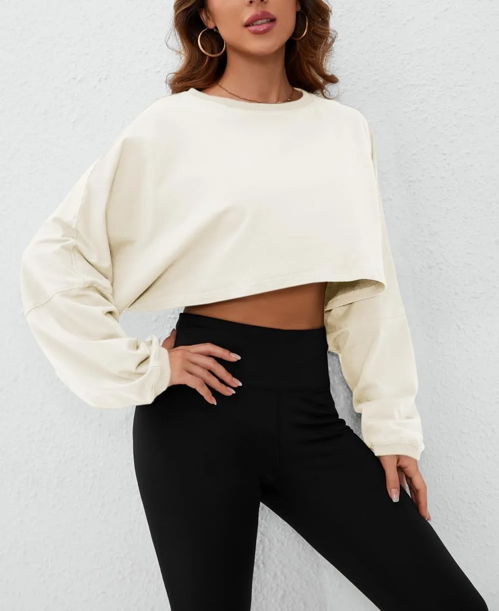 Meladyan Women Long Sleeve Crewneck Crop Top Tee Shirt Sweatshirt Casual Solid Loose Fit Workout Cropped Pullover Tshirt