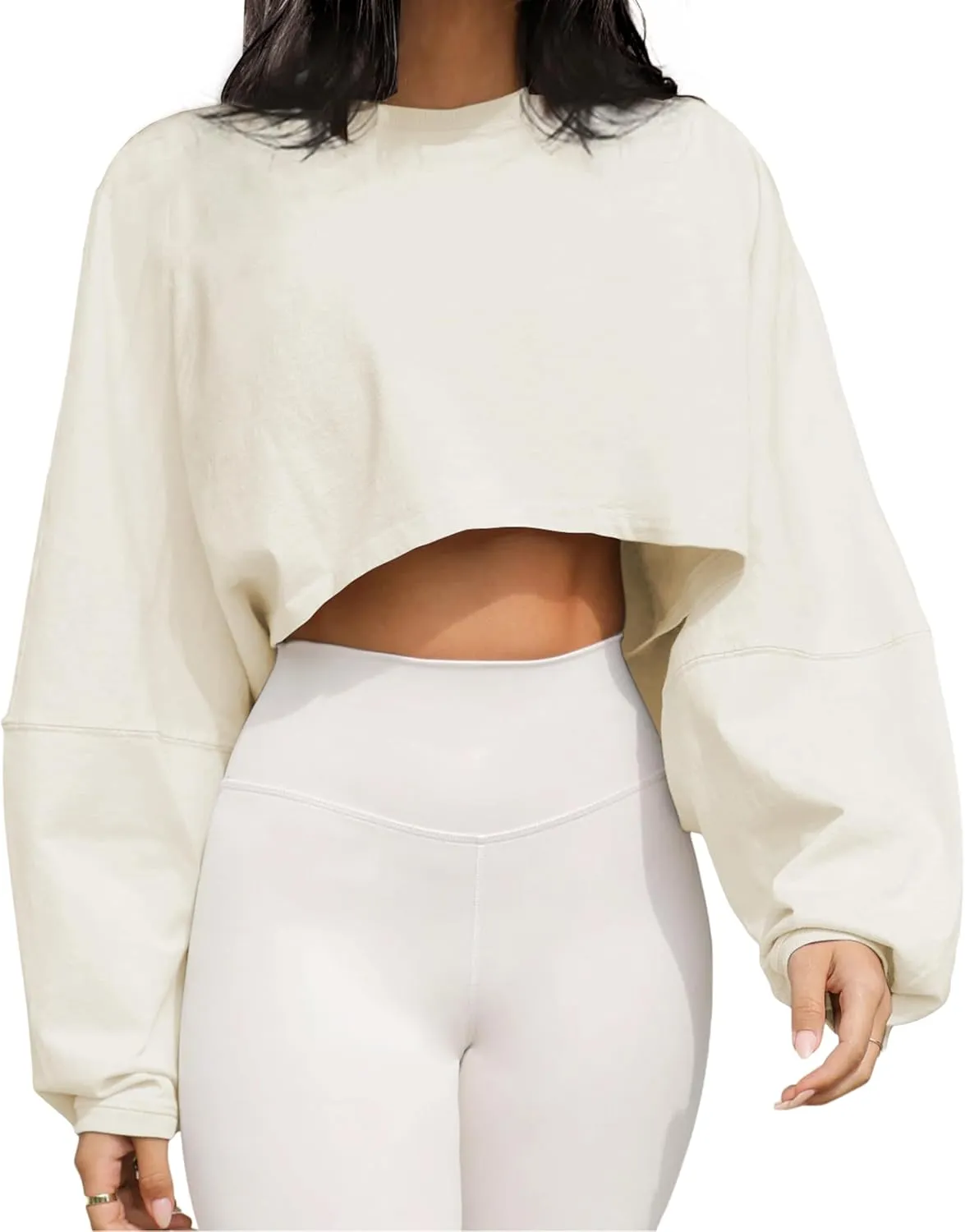 Meladyan Women Long Sleeve Crewneck Crop Top Tee Shirt Sweatshirt Casual Solid Loose Fit Workout Cropped Pullover Tshirt