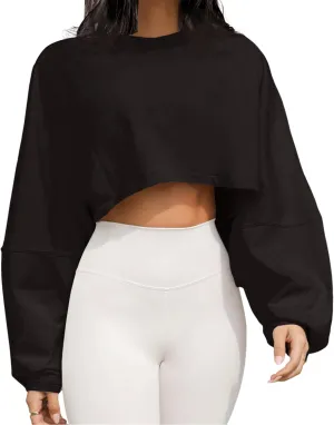 Meladyan Women Long Sleeve Crewneck Crop Top Tee Shirt Sweatshirt Casual Solid Loose Fit Workout Cropped Pullover Tshirt