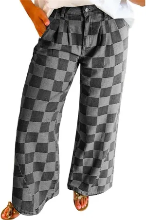 Melliflo Women Loose Wide Leg Straight Plaid Denim Pants Casual High Wasit Checkered Baggy Jeans with Pockets