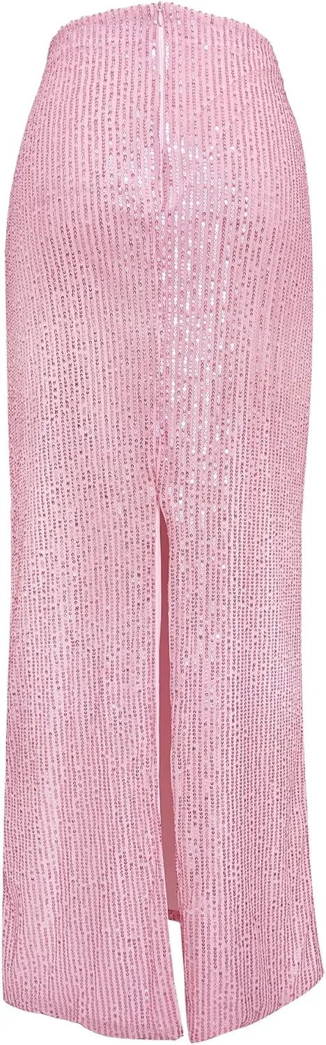 Melliflo Women's Sequin Long Skirt Low Waist Back Split Pencil Maxi Skirts Night Out Party Sparkly Skirts