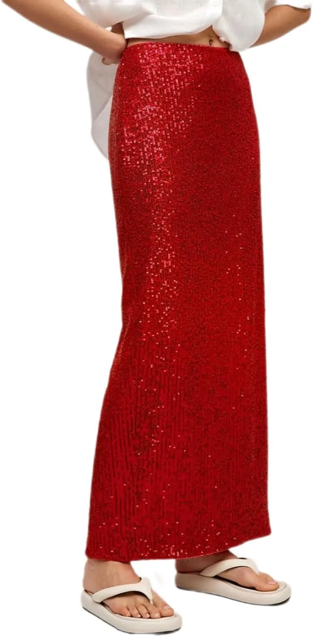 Melliflo Women's Sequin Long Skirt Low Waist Back Split Pencil Maxi Skirts Night Out Party Sparkly Skirts