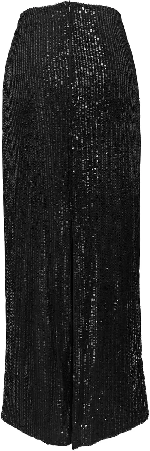Melliflo Women's Sequin Long Skirt Low Waist Back Split Pencil Maxi Skirts Night Out Party Sparkly Skirts
