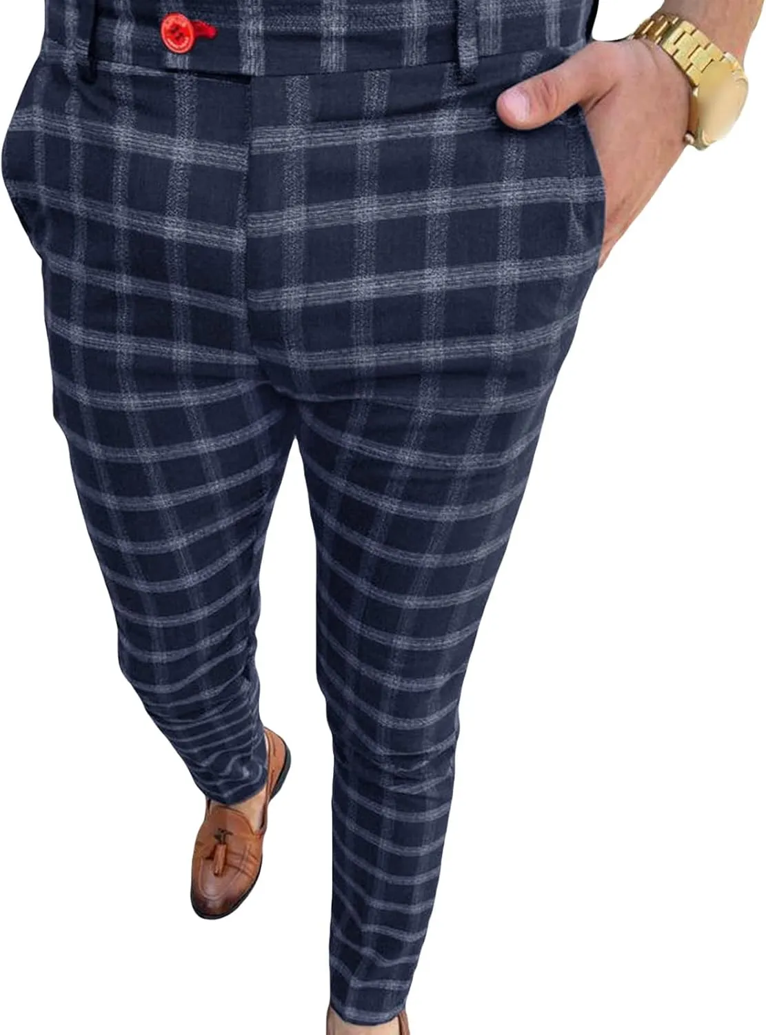 Men Checked Printed Dress Pants Plaid Casual Slim Fit Stretch Pant Stylish Flat Front Business Pencil Trousers