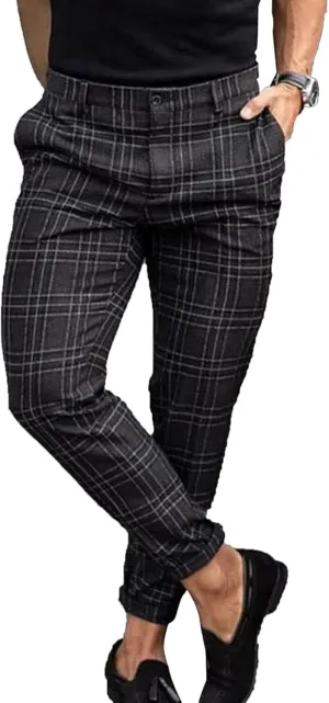 Men Checked Printed Dress Pants Plaid Casual Slim Fit Stretch Pant Stylish Flat Front Business Pencil Trousers