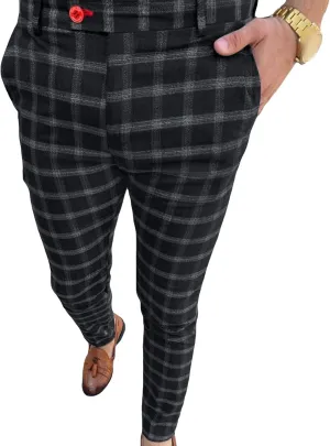 Men Checked Printed Dress Pants Plaid Casual Slim Fit Stretch Pant Stylish Flat Front Business Pencil Trousers
