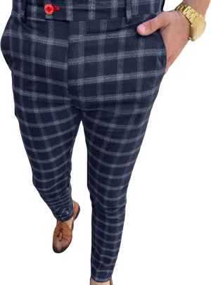 Men Checked Printed Dress Pants Plaid Casual Slim Fit Stretch Pant Stylish Flat Front Business Pencil Trousers