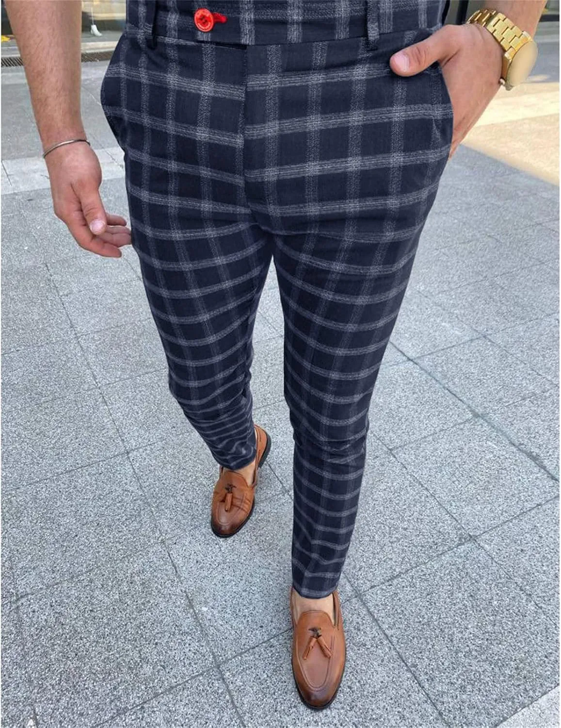 Men Checked Printed Dress Pants Plaid Casual Slim Fit Stretch Pant Stylish Flat Front Business Pencil Trousers