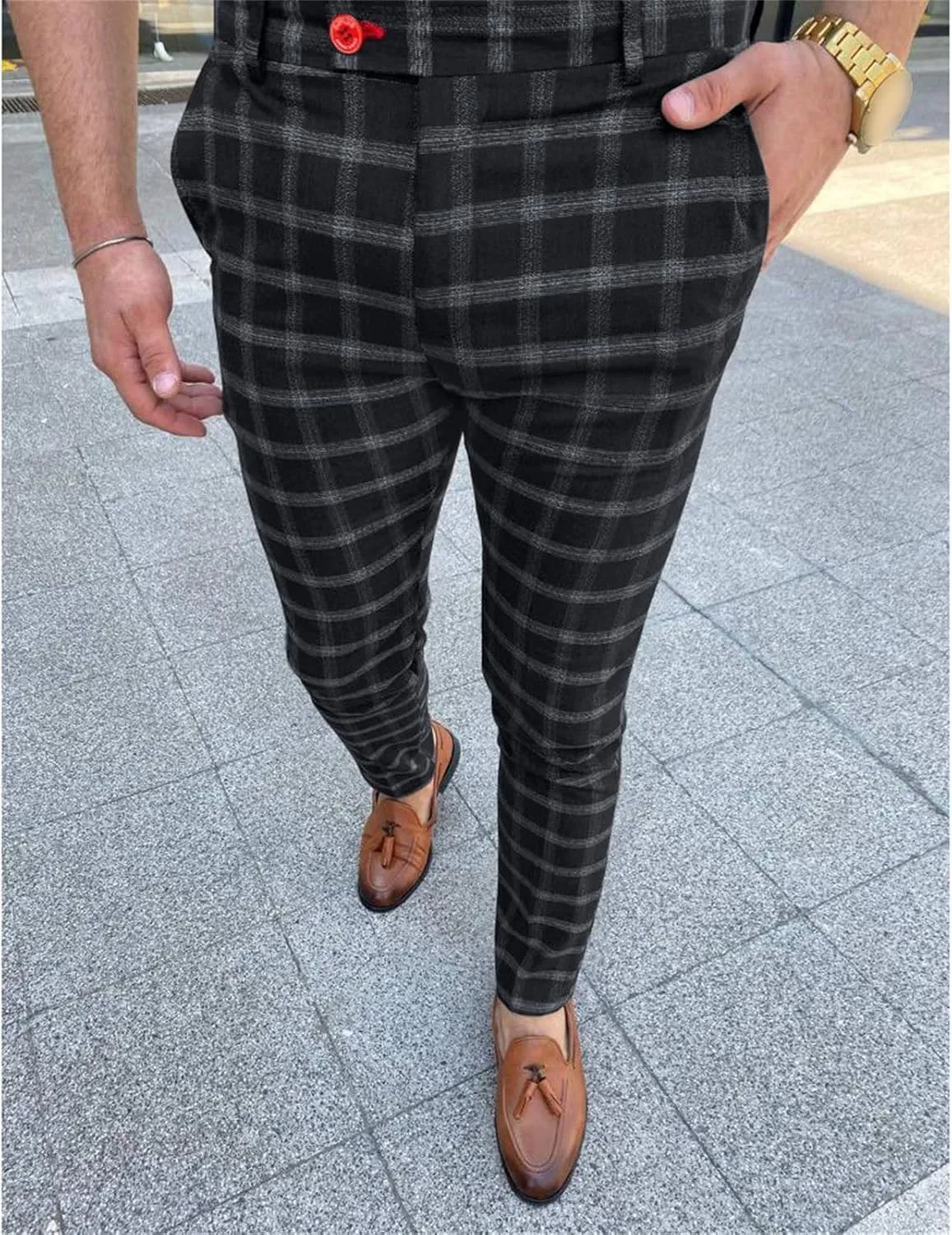 Men Checked Printed Dress Pants Plaid Casual Slim Fit Stretch Pant Stylish Flat Front Business Pencil Trousers