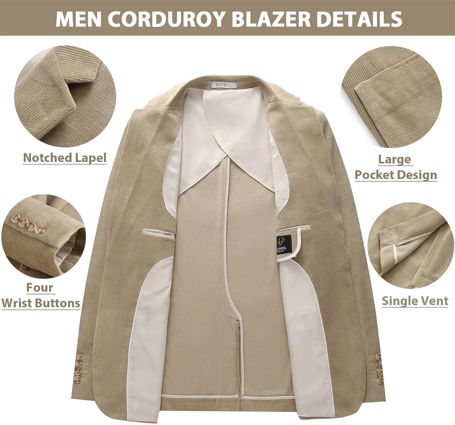 Men's Casual Corduroy Blazer Slim Fit One Button Jacket Fashion Sport Coat