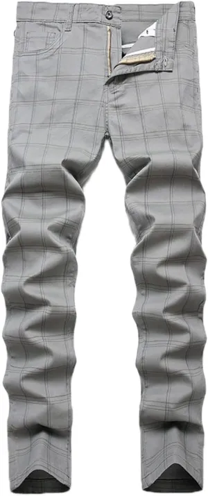 Mens Casual Plaid Chino Pants Fashion Lightweight Flat-Front Stretch Skinny Slim Fit Business Dress Pants