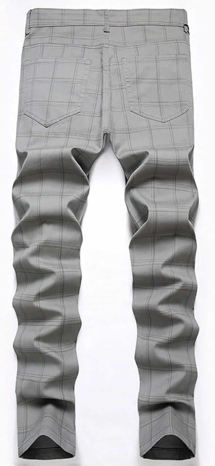 Mens Casual Plaid Chino Pants Fashion Lightweight Flat-Front Stretch Skinny Slim Fit Business Dress Pants