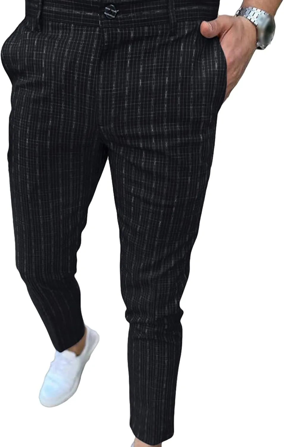 Men's Chino Pants Casual Skinny Fit Plaid Flat-Front Pants Stretch Slim Stylish Casual Business Dress Pants