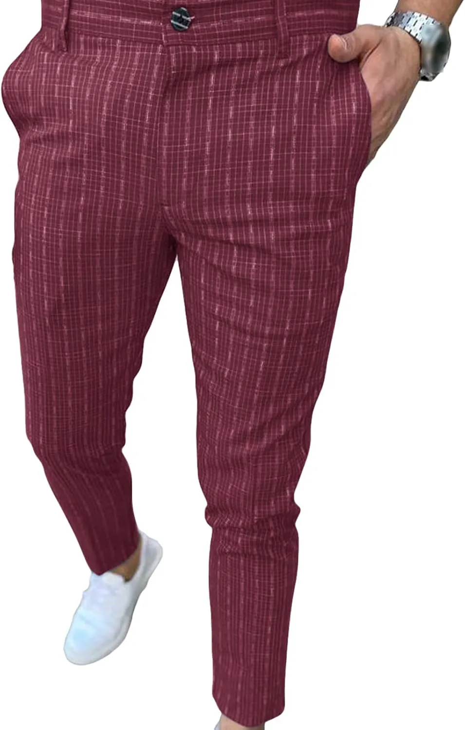 Men's Chino Pants Casual Skinny Fit Plaid Flat-Front Pants Stretch Slim Stylish Casual Business Dress Pants