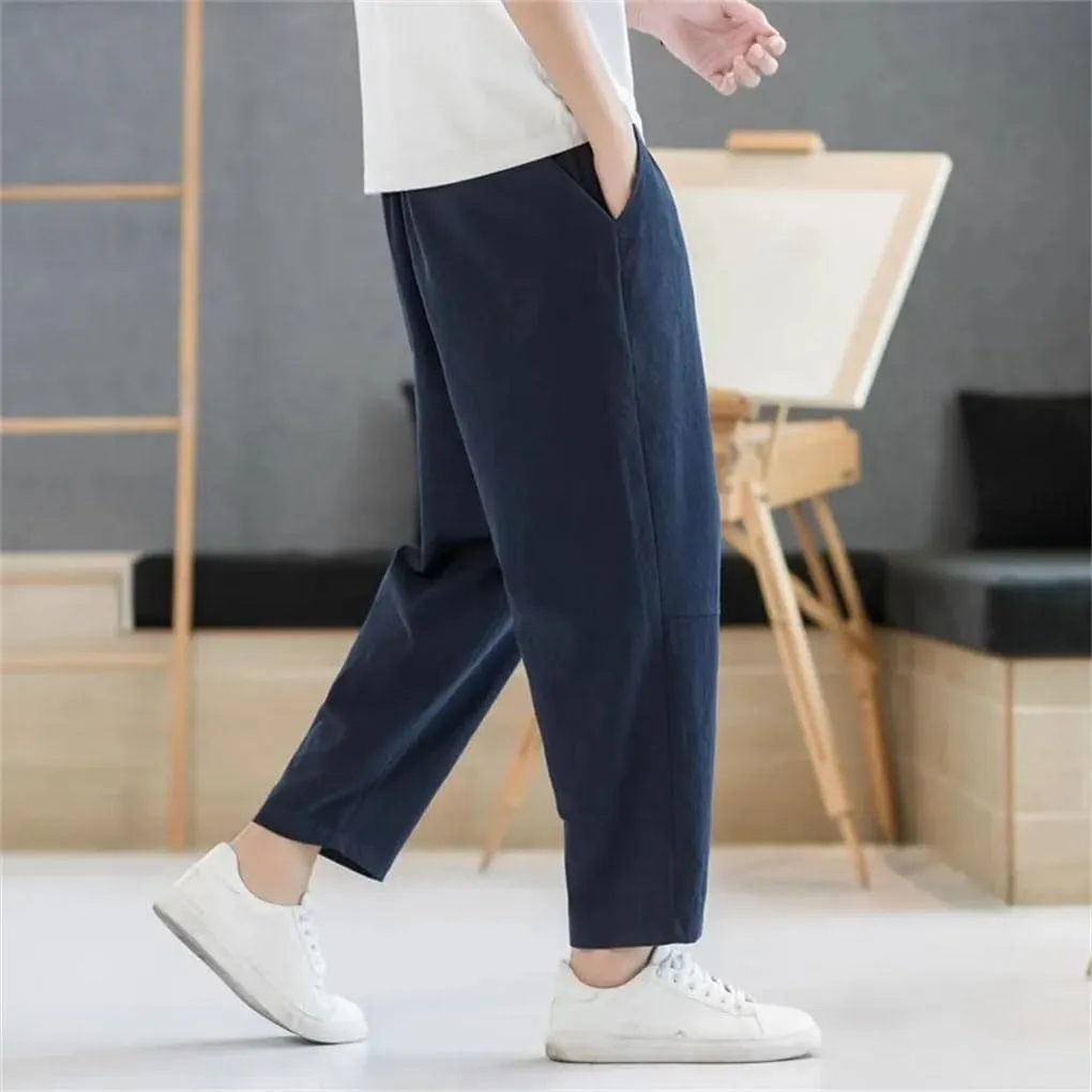 Men's Cotton and Linen Casual Pants Solid Color Simple Loose Straight Harem Pants