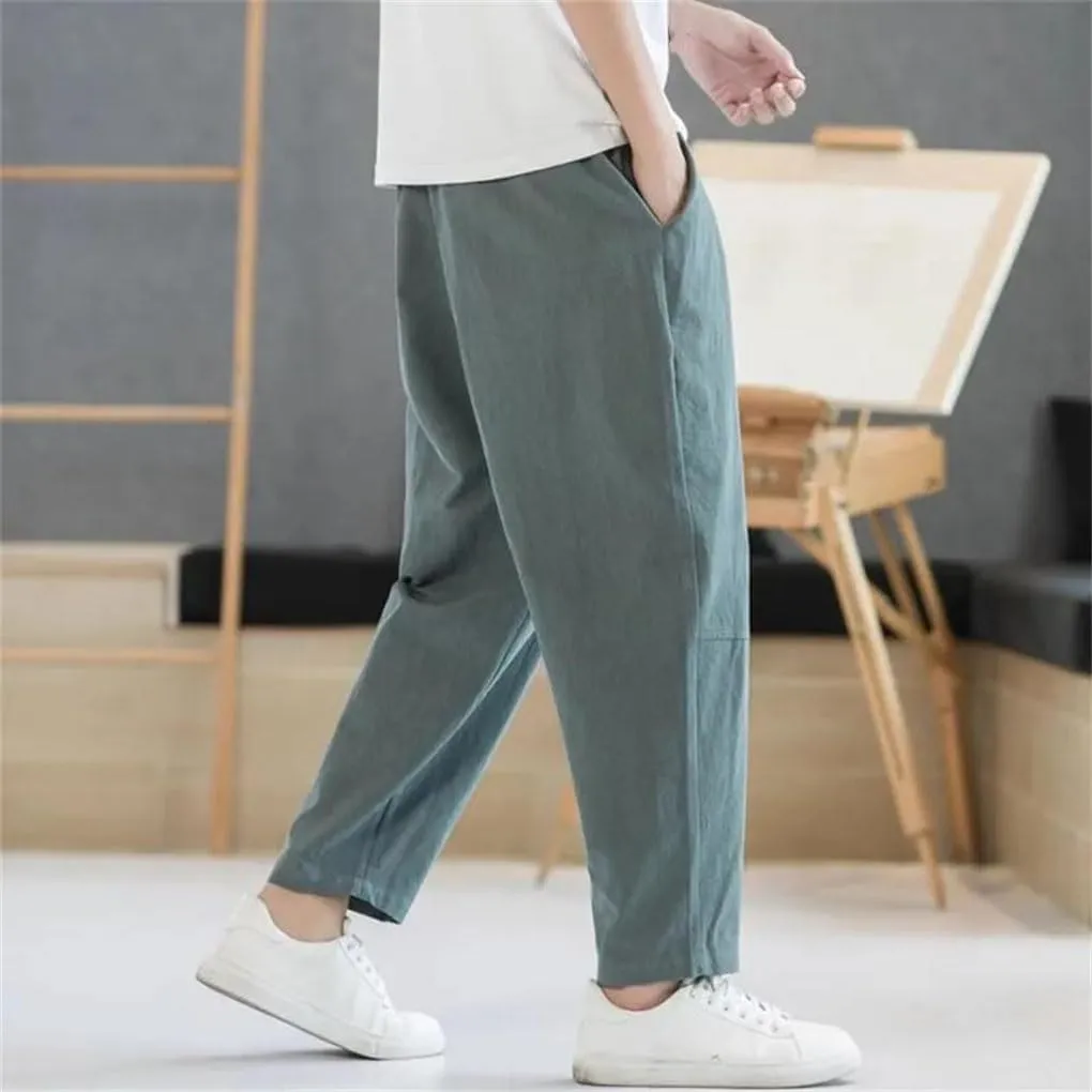 Men's Cotton and Linen Casual Pants Solid Color Simple Loose Straight Harem Pants