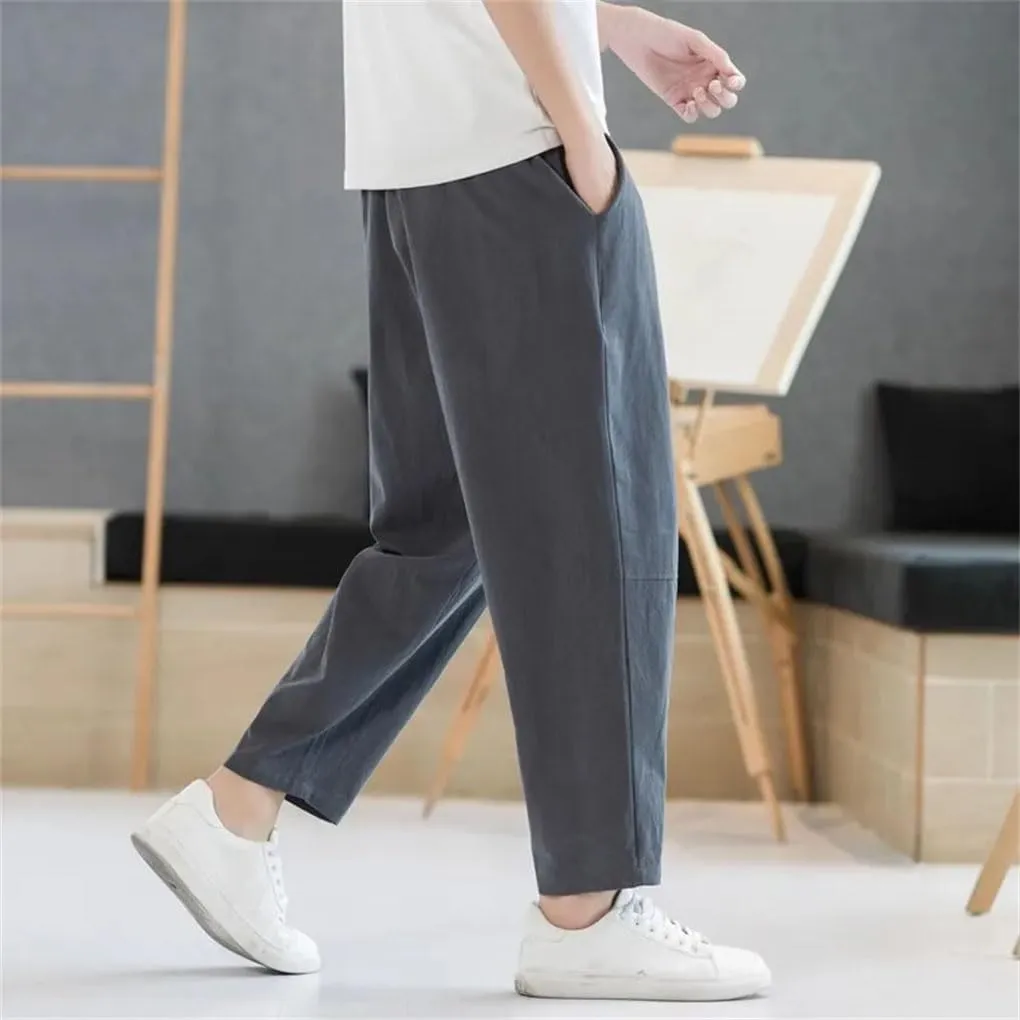 Men's Cotton and Linen Casual Pants Solid Color Simple Loose Straight Harem Pants