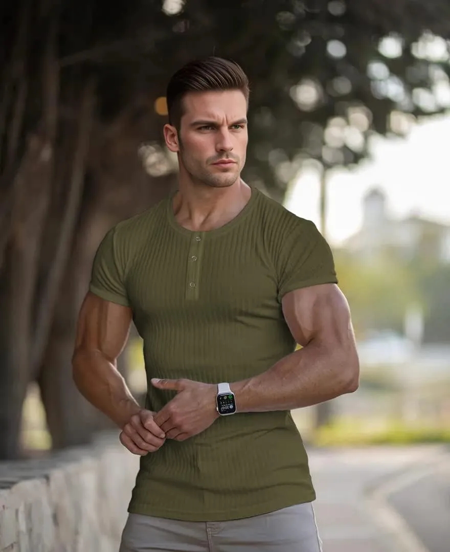 Men's Cotton Muscle Henley Shirts Slim Fit Short/Long Sleeve Stretchy Casual Stylish Ribbed Tee