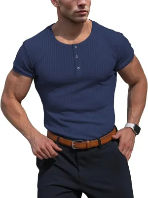 Men's Cotton Muscle Henley Shirts Slim Fit Short/Long Sleeve Stretchy Casual Stylish Ribbed Tee