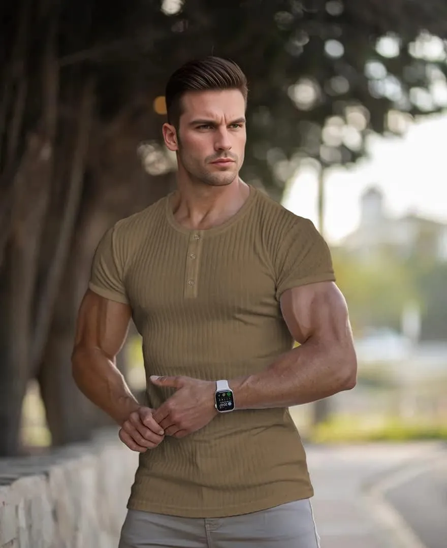 Men's Cotton Muscle Henley Shirts Slim Fit Short/Long Sleeve Stretchy Casual Stylish Ribbed Tee
