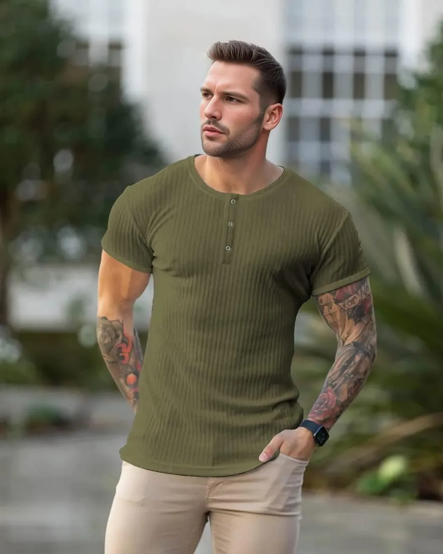 Men's Cotton Muscle Henley Shirts Slim Fit Short/Long Sleeve Stretchy Casual Stylish Ribbed Tee