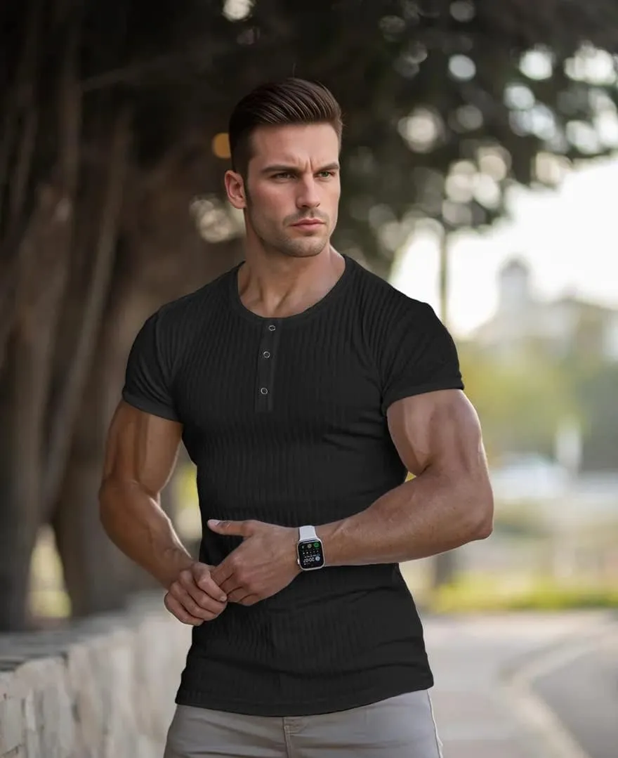 Men's Cotton Muscle Henley Shirts Slim Fit Short/Long Sleeve Stretchy Casual Stylish Ribbed Tee