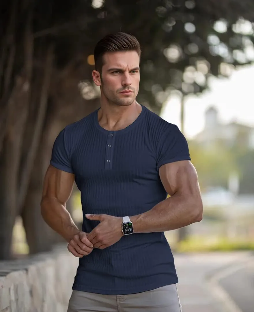 Men's Cotton Muscle Henley Shirts Slim Fit Short/Long Sleeve Stretchy Casual Stylish Ribbed Tee