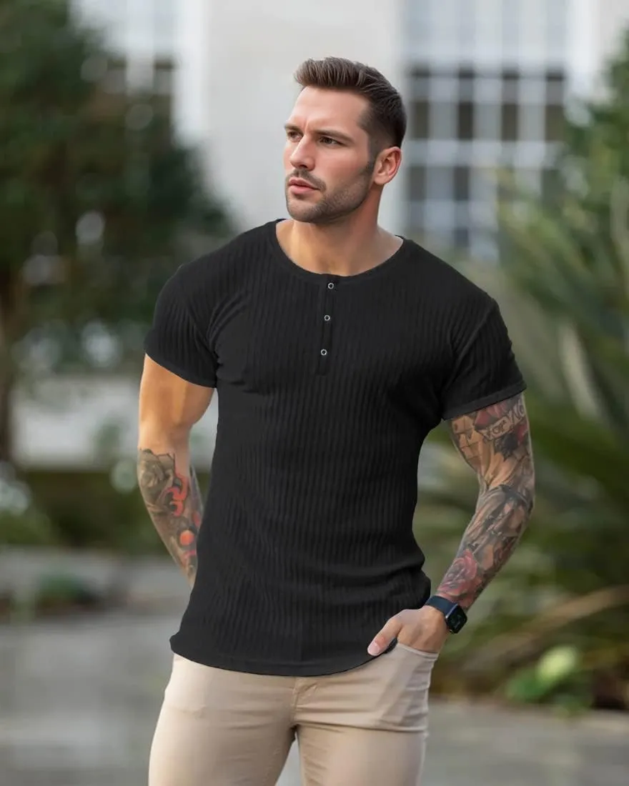 Men's Cotton Muscle Henley Shirts Slim Fit Short/Long Sleeve Stretchy Casual Stylish Ribbed Tee