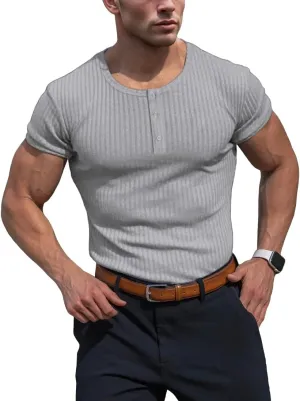 Men's Cotton Muscle Henley Shirts Slim Fit Short/Long Sleeve Stretchy Casual Stylish Ribbed Tee