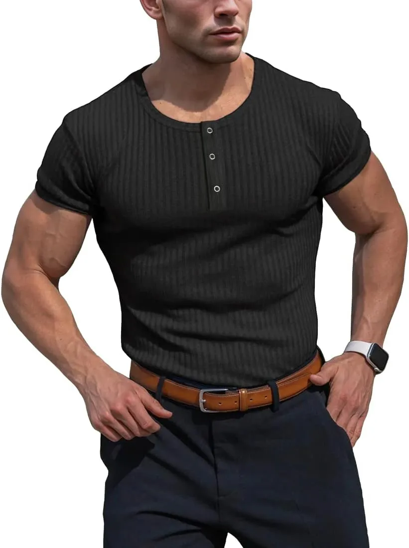 Men's Cotton Muscle Henley Shirts Slim Fit Short/Long Sleeve Stretchy Casual Stylish Ribbed Tee